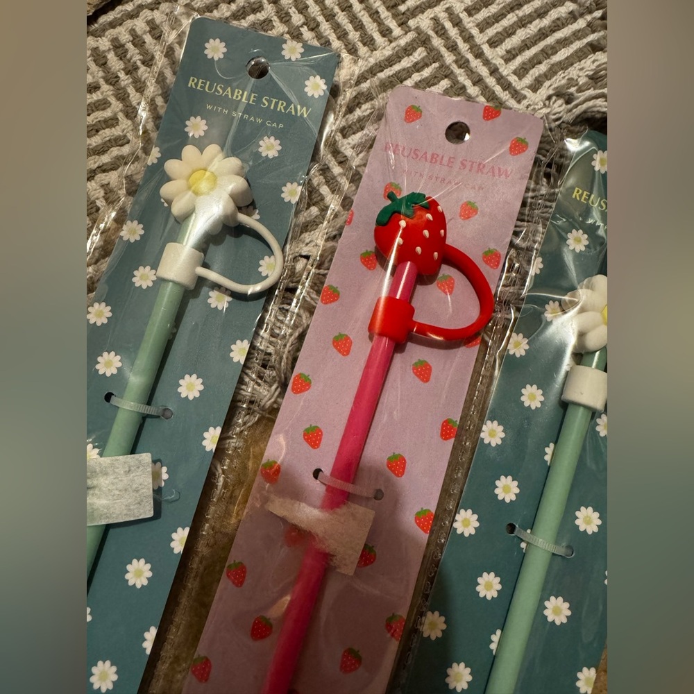 Three reusable straws and straw caps - brand new